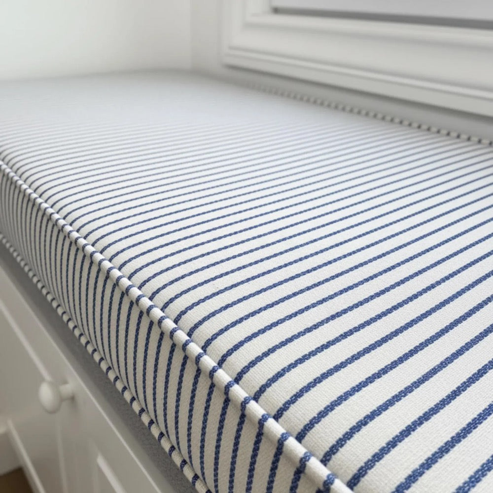 Custom Blue Striped Linen Bench Cushion, 2 Inch Thick Window Seat Pad, Indoor Banquette Cushion with Foam