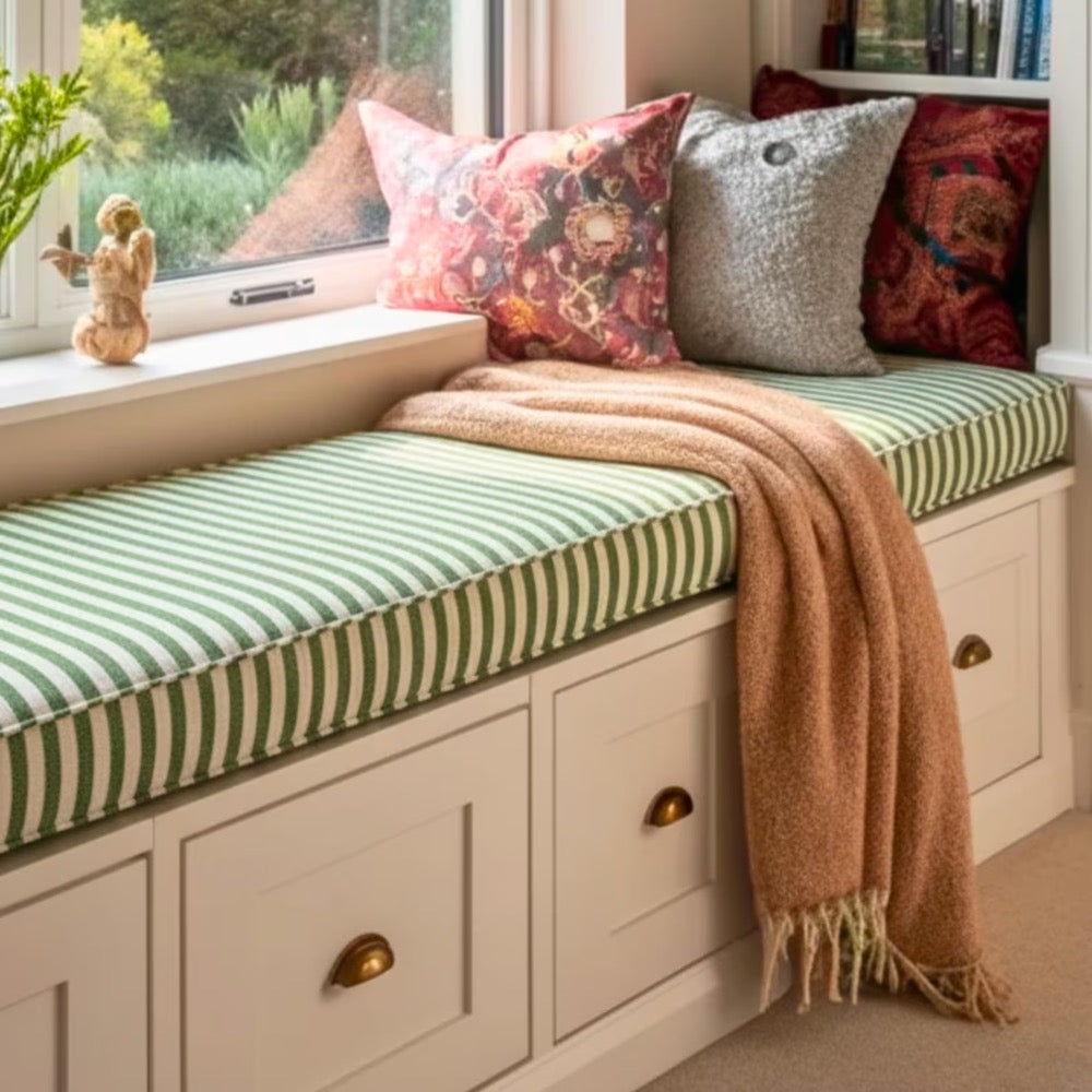 Red Striped Farmhouse Bench Cushion, Custom Window Seat Pad with Washable Linen Cover and Foam Insert