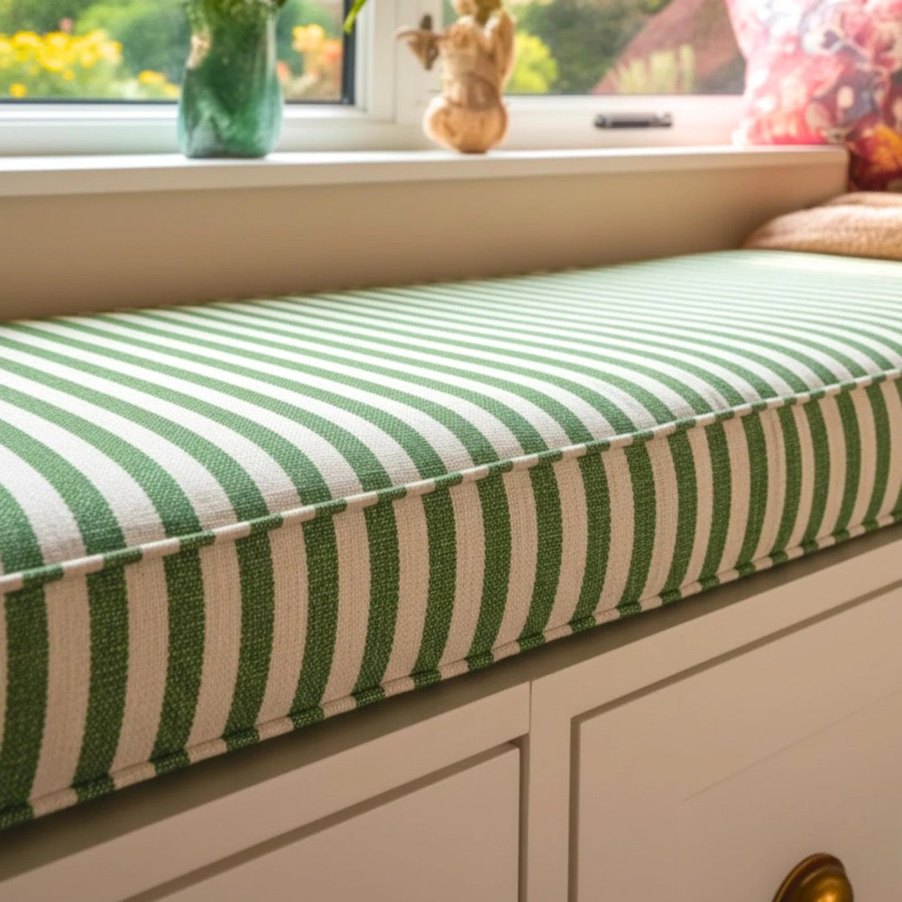 Red Striped Farmhouse Bench Cushion, Custom Window Seat Pad with Washable Linen Cover and Foam Insert