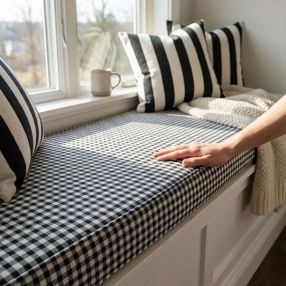 Custom Bench Cushion, Gingham Window Seat Cushion, Farmhouse Window Bench Seat Pad