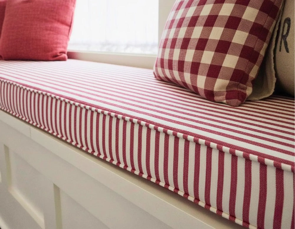 Red Striped Farmhouse Bench Cushion, Custom Window Seat Pad with Washable Linen Cover and Foam Insert