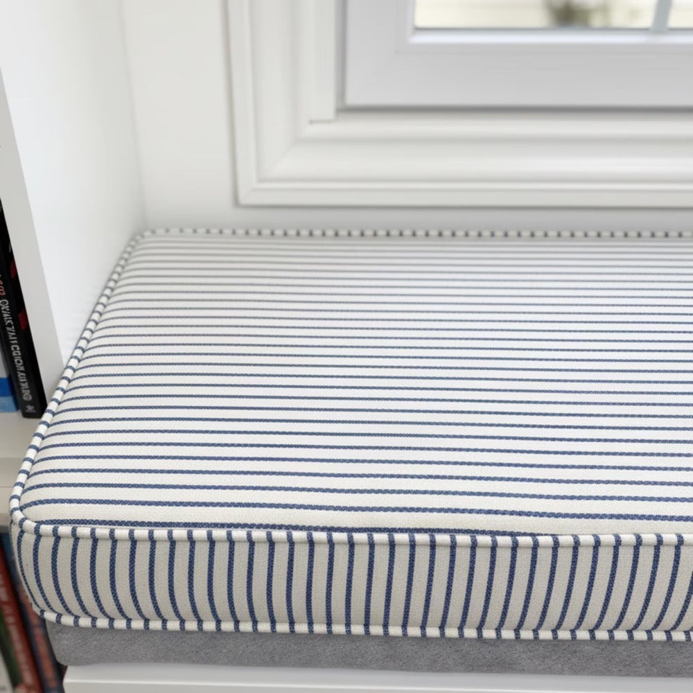 Custom Blue Striped Linen Bench Cushion, 2 Inch Thick Window Seat Pad, Indoor Banquette Cushion with Foam