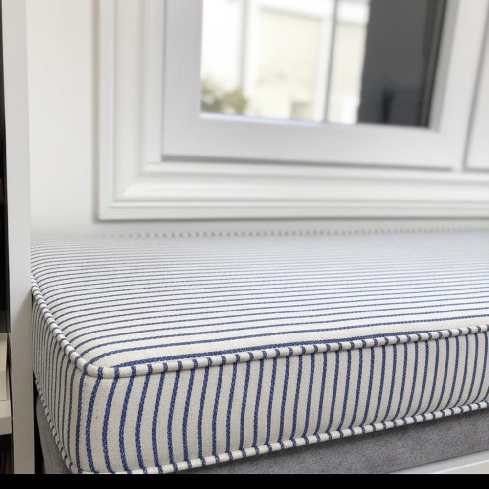 Custom Blue Striped Linen Bench Cushion, 2 Inch Thick Window Seat Pad, Indoor Banquette Cushion with Foam