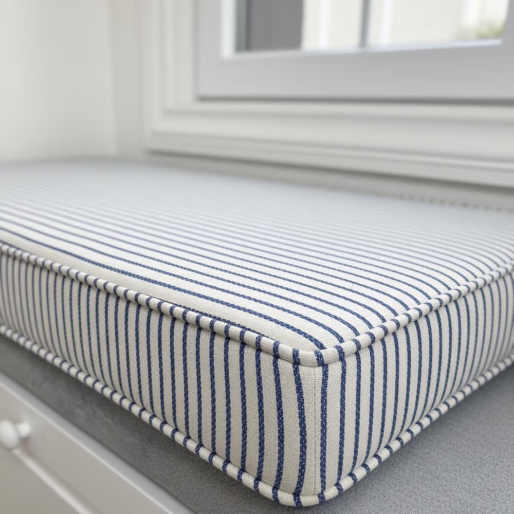 Custom Blue Striped Linen Bench Cushion, 2 Inch Thick Window Seat Pad, Indoor Banquette Cushion with Foam